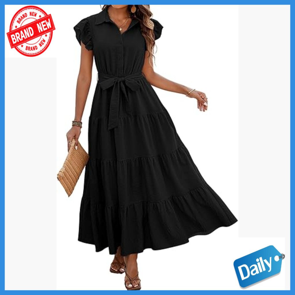 Maxi Dress With Pockets, V-Neck, Ruffle Sleeves, Belted, Tiered Boho Style